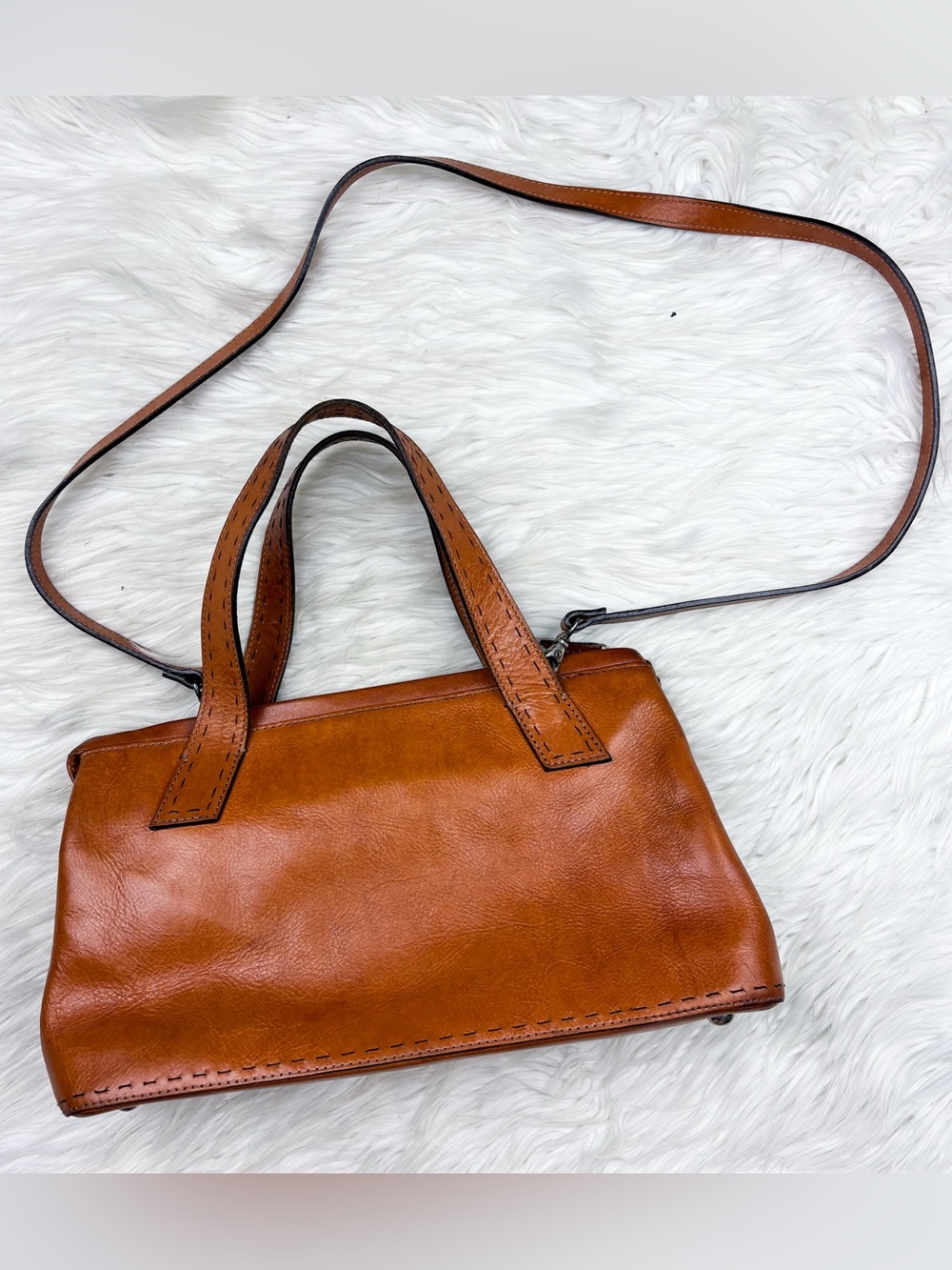 Fossil Vintage Leather Crossbody Bag Satchel Stitched Trim Cognac Tan Brown